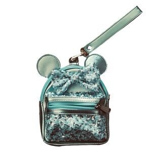 Disney Parks Loungefly Arendelle Frozen Aqua Sequins Minnie Mouse Wristlet